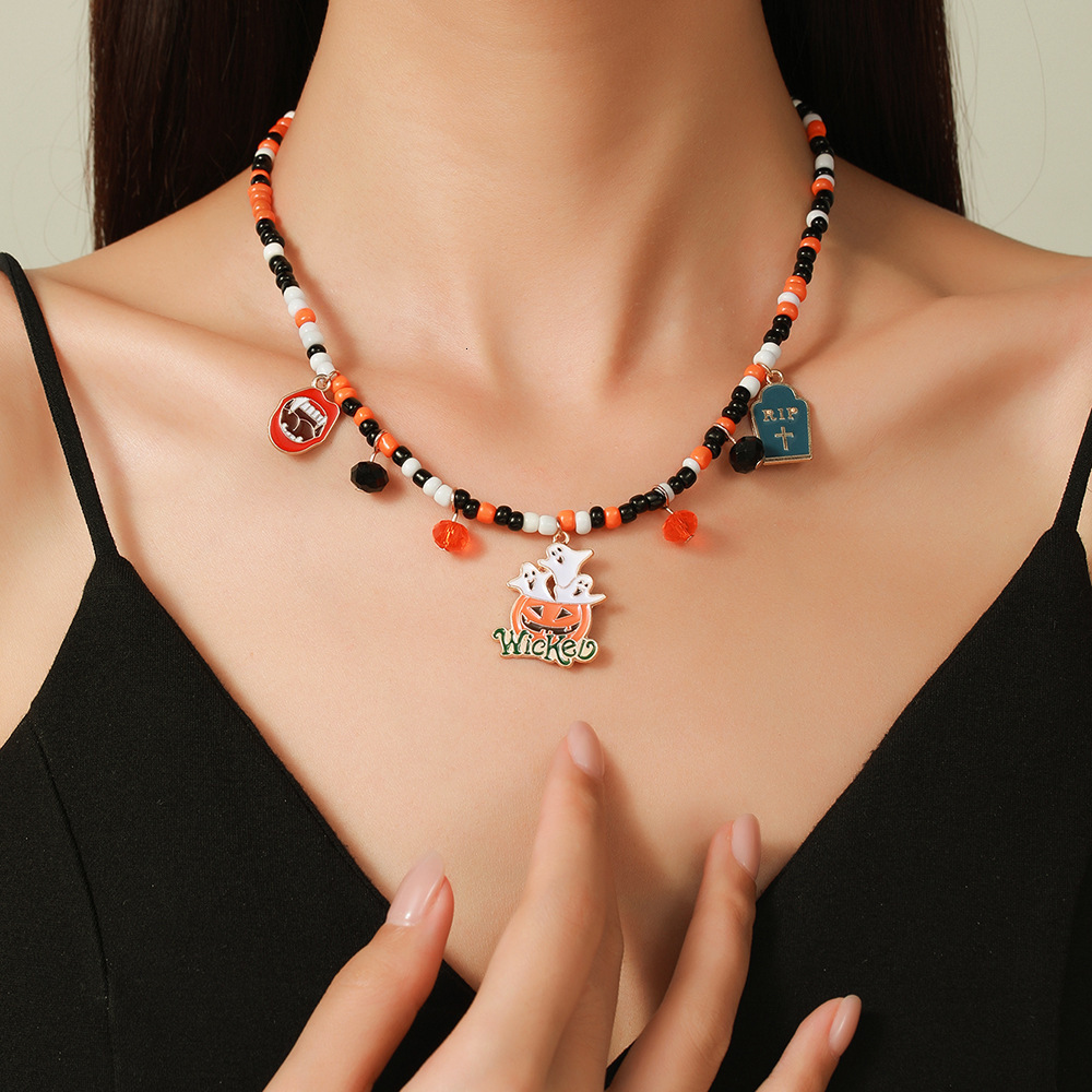 New Fashion Versatile Halloween Ghost Pumpkin Multi-Pendant Seed Bead Necklace