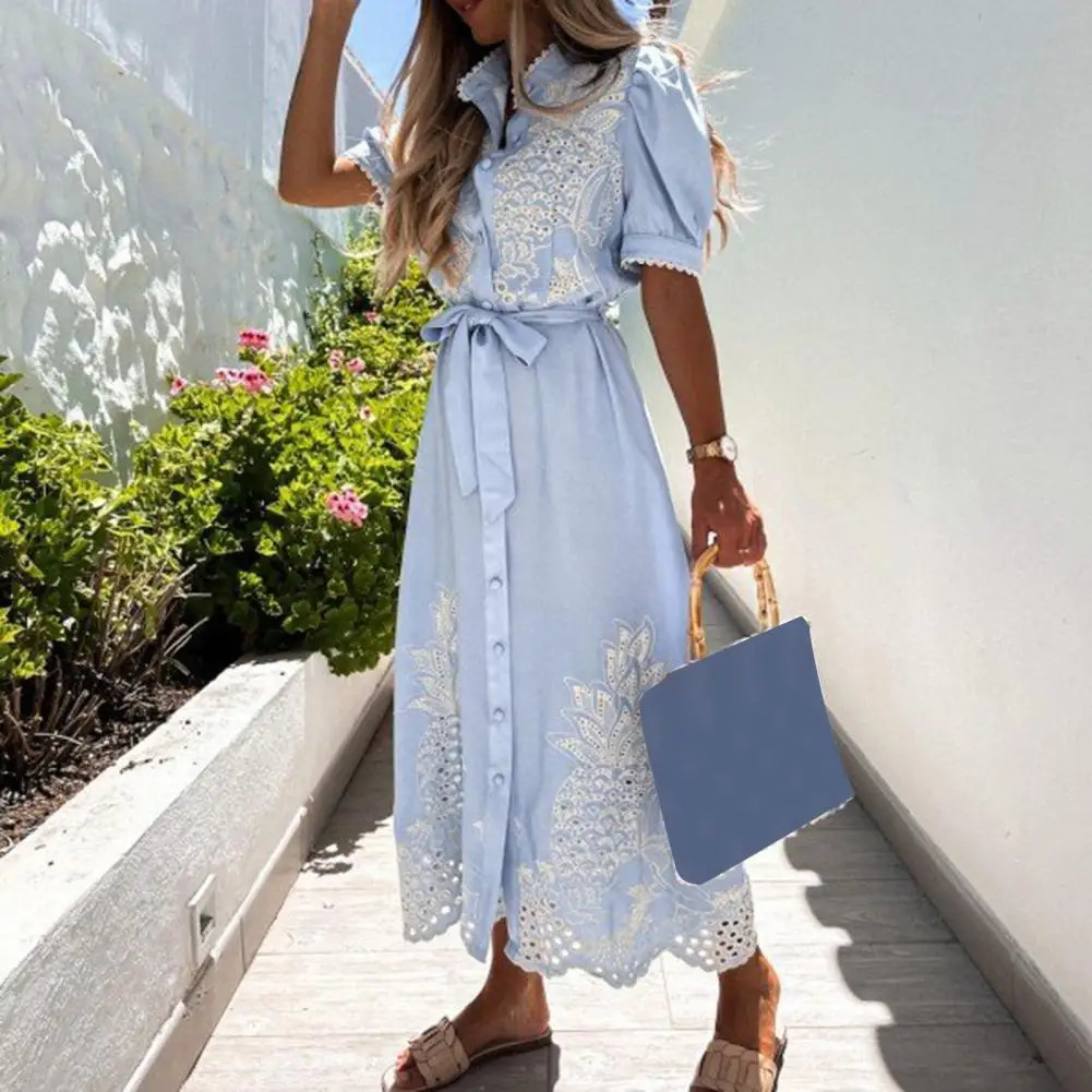 Lace-up Women Shirt Dress Summer Elegant Single Breasted Puff Sleeve Maxi Dress Vestidos Bohemian Sundress Party Robe 250813