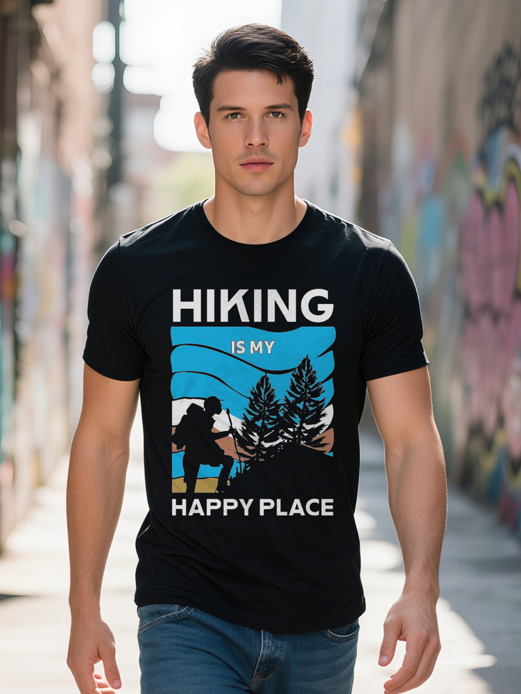 Men S Casual Round Neck T-Shirt with HIKING IS MY HAPPY PLACE Print Lightweight Summer Tee Regular Fit Breathable