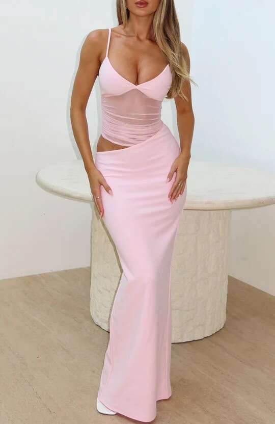 G25D084 V-Neck Solid Color Waist Back Mesh See-Through Sexy designer t shirt Hot Girl Slit Dress