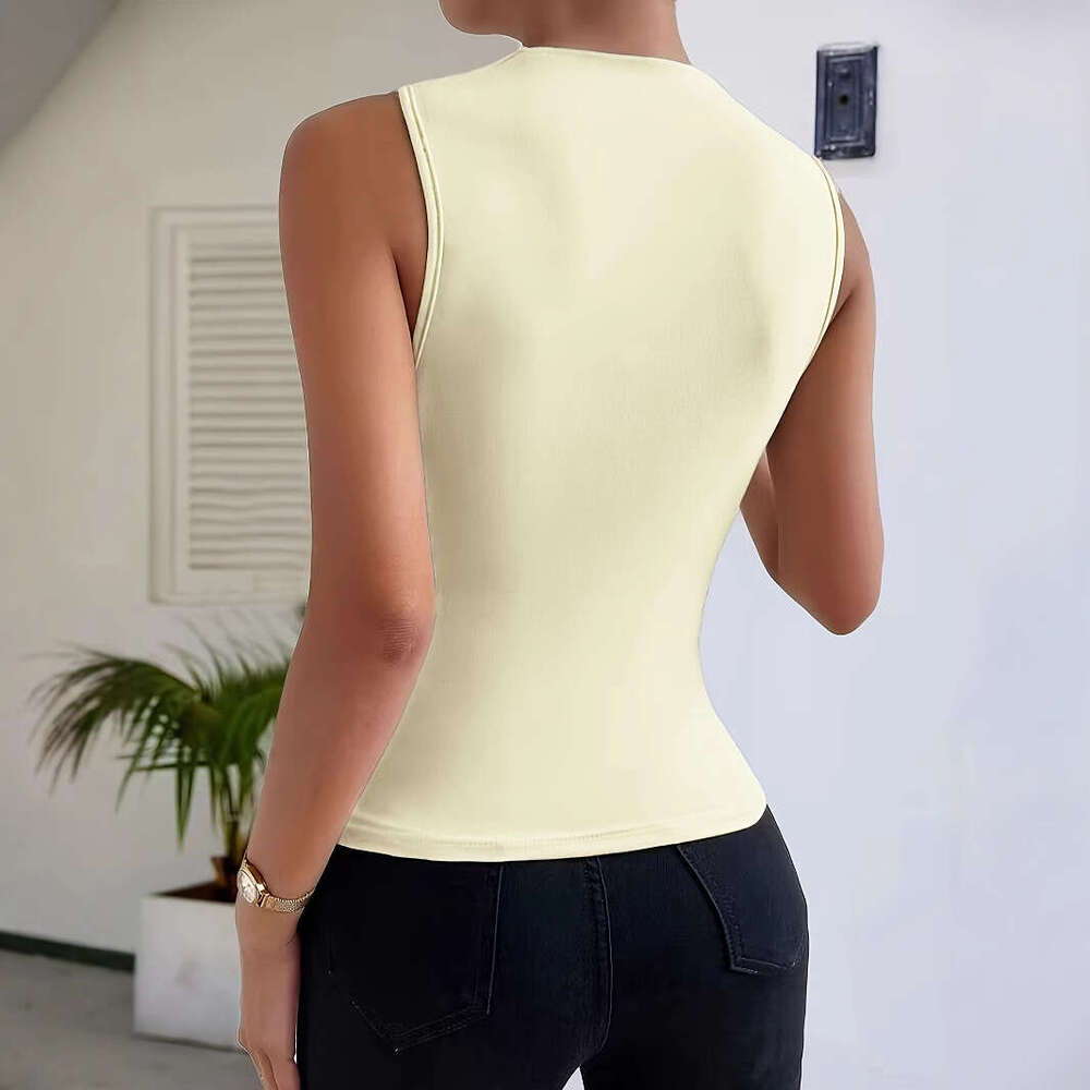 European 2025 Spring Summer New Fashion Versatile designer t shirt Solid Color Ruched Sleeveless Pullover Half High Neck T-Shirt