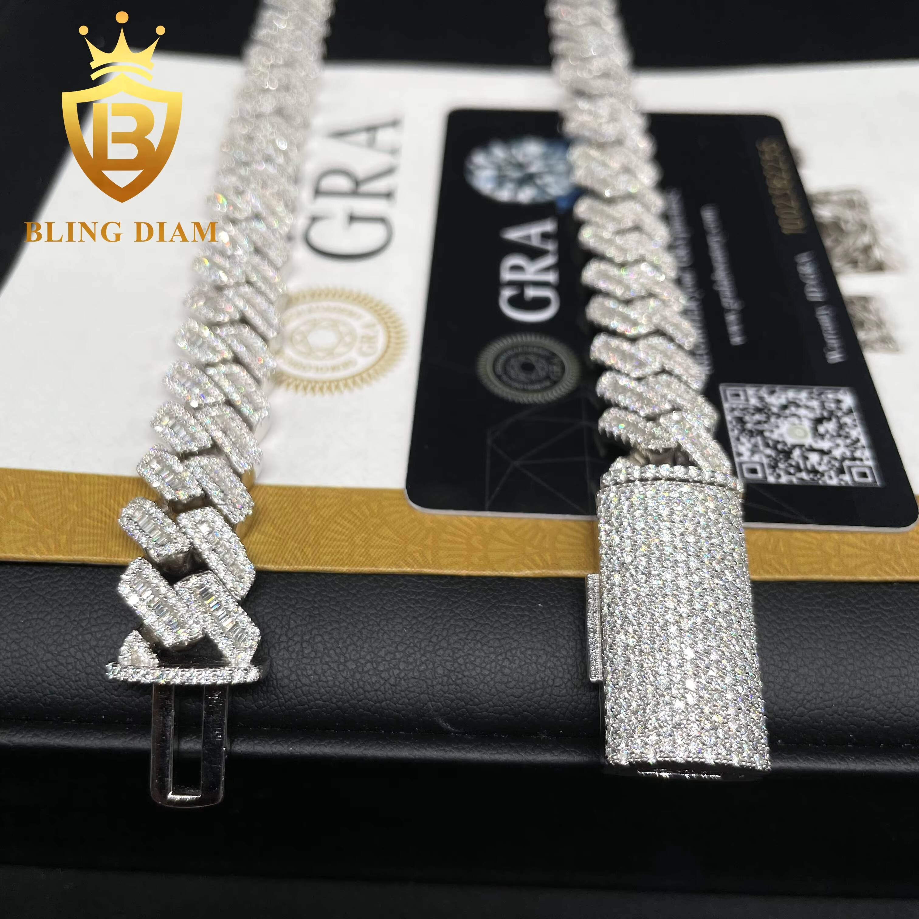 Fashion Hip Hop 12MM Width Cuban Link Chain Sterling Silver 925 VVS Moissanite Diamond Jewelry Men Cuban Necklace