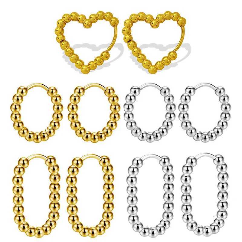 1 Pair New Round Bead Design Hoop Earrings For Women Men Stainless Steel Ear Buckle Geometric Heart Oval Party Jewelry XJ250814