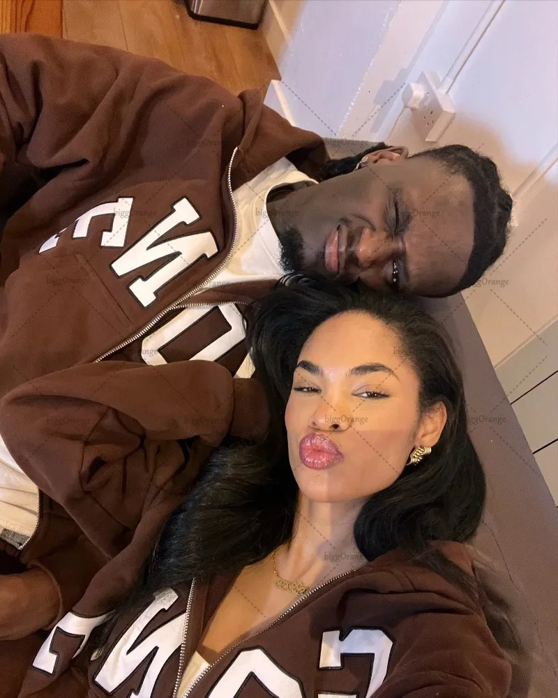 High Street Trendy Streetwear Mens Suit Two-piece Set Retro Harajuku Y2K Brown Hoodie Casual Baggy Sweatpants Jogger Women 250813