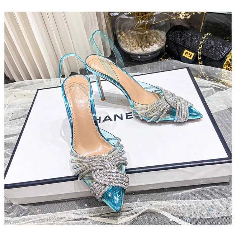 10cm Thin High Heels Women Sandals Fashion Transparent Rhinestone Slingbacks Gladiator Sandals Summer Party Prom Shoes W250814