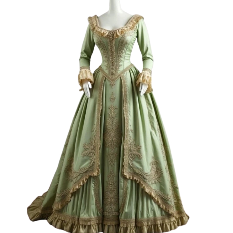 Medieval Vintage Victorian Green Prom Dresses With Gold Lace Appliques Queen Party Ball Gowns Long Sleeve Floor Length Masquerade Dress Vestidos De No