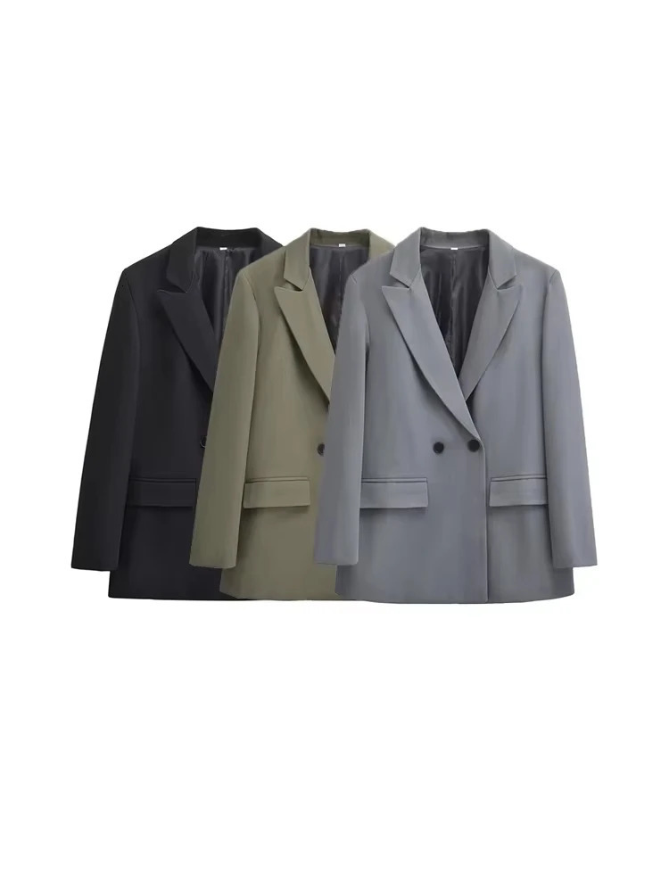 TRZAWomens Double Breasted Office Wear Blazer Coat Long Sleeve Flap Pockets Female Outerwear Chic Tops Fashion 250805