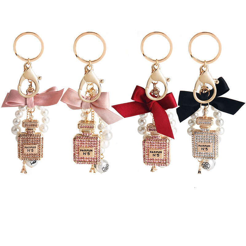Korean Version Creative Full Diamond Inlaid Perfume Bottle Keychain for Women, Bowknot Pearl Bag Pendant Small Gift