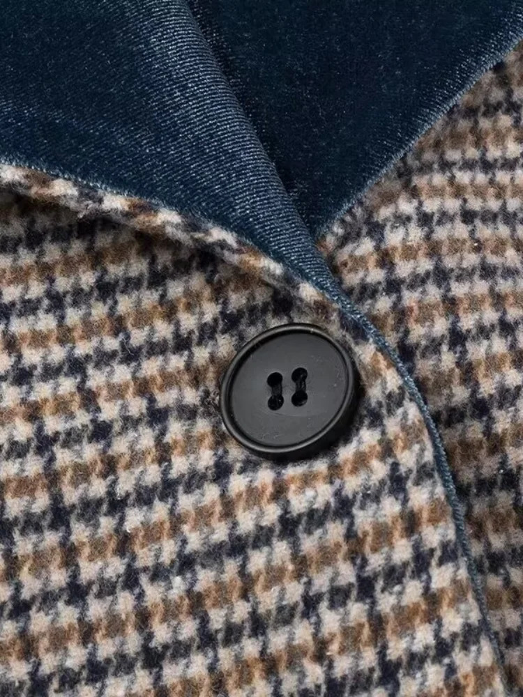 Woolen Plaid Long Coat Women Turn-down Collar Loose Long Sleeve Button Elegant Outwear Female Thicken 2025 Spring Street Jacket 250813