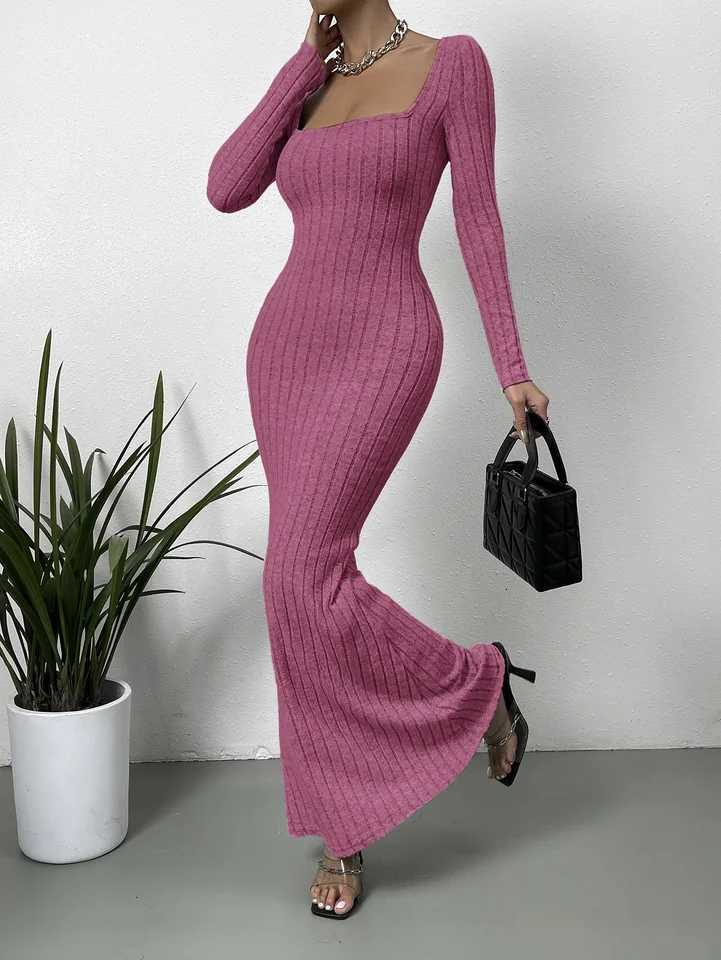 Mature Sexy Fashion New Line Neck Low Cut Solid Color Slim-fit All-match Long-sleeve Dress XJ250814