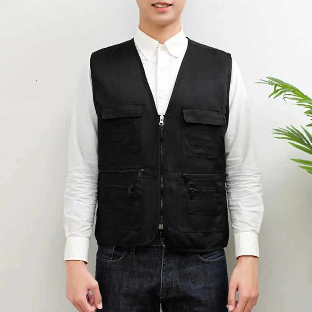 Work Clothes Vest Multi-knit Solid Color Casual Zipper Working Clothing V Neck Volunteer Vest for Fishing Y250814