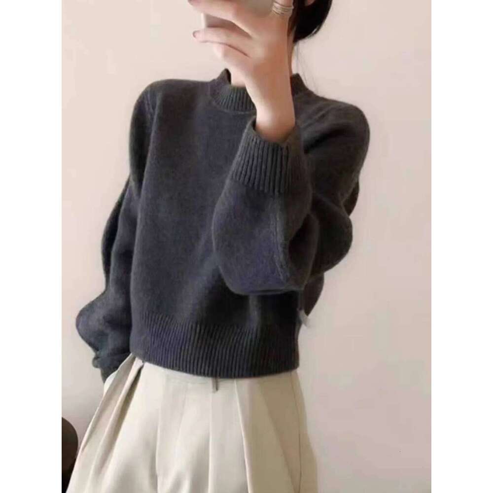 Simple Semi-High Round Neck Pure Cashmere Sweater Women's Autumn And Winter Loose Long-Sleeved Thick Pullover Knit Base 20250809