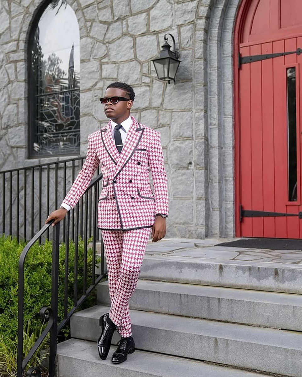 Classic Fit Houndstooth Wedding Tuxedos Peaked Lapel 2 Pcs Jacket Pants Men Suit Double Breasted Evening Party Blazer Customized