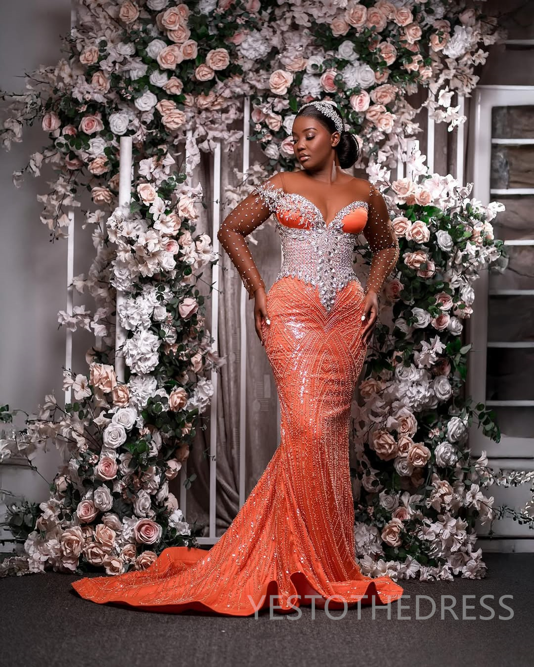 2025 Elegant Orange Mermaid Prom Dresses Aso Ebi Beaded Lace Appliqued Crystals Sheer Neck Long Sleeves Illusion Birthday Dress Second Reception Gown 