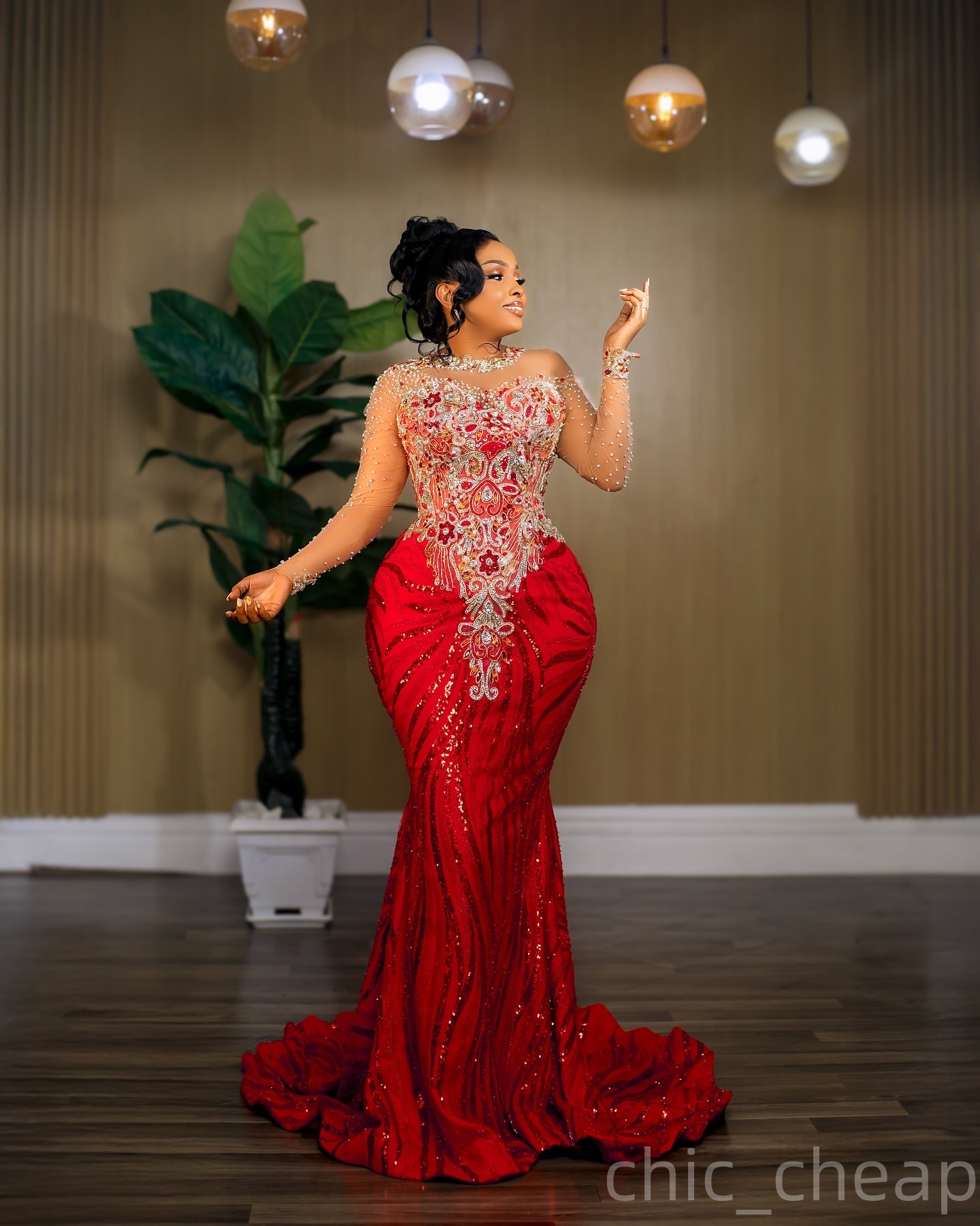 Red Mermaid Prom Dresses 2025 Beaded Lace Full Sleeves Sparkly Evening Formal Party Second Birthday Engagement Gowns Plus Size Dress For Special Occas