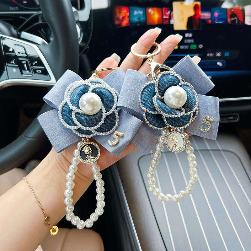 Internet Celebrity Personality Denim Color Bow Camellia Pearl Chain Keychain Car Key Bag Women's Small Pendant