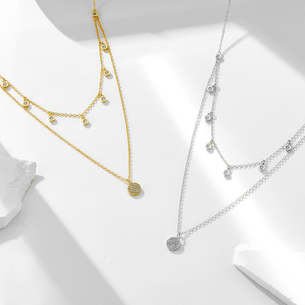 Jewelry INS Style Pure Sier Double Layer Necklace for Women Versatile Simple Polka Dot Zircon Short Clavicle Chain Jewelry for Women
