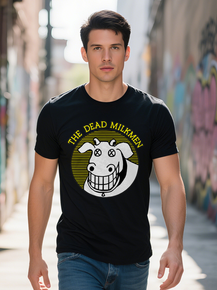 S The Dead Milkmen T Shirt Black with Yellow White Cow Design Round Neck Soft Fabric Perfect Gift for Men