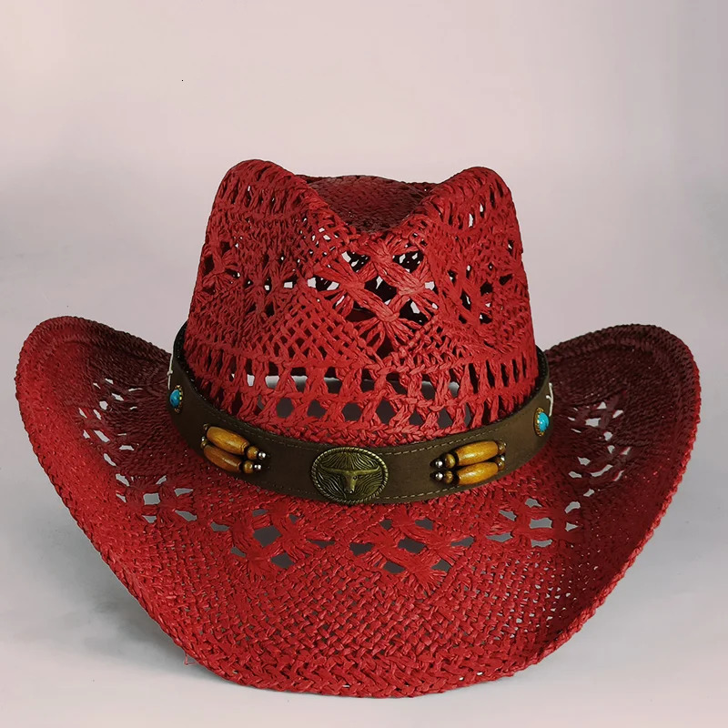 Men Western Cowboy Straw hat women Fashion Large Brim red straw hat Party Outdoor summer cowgirl Sun Jazz Hat sombrero vaquero 250813