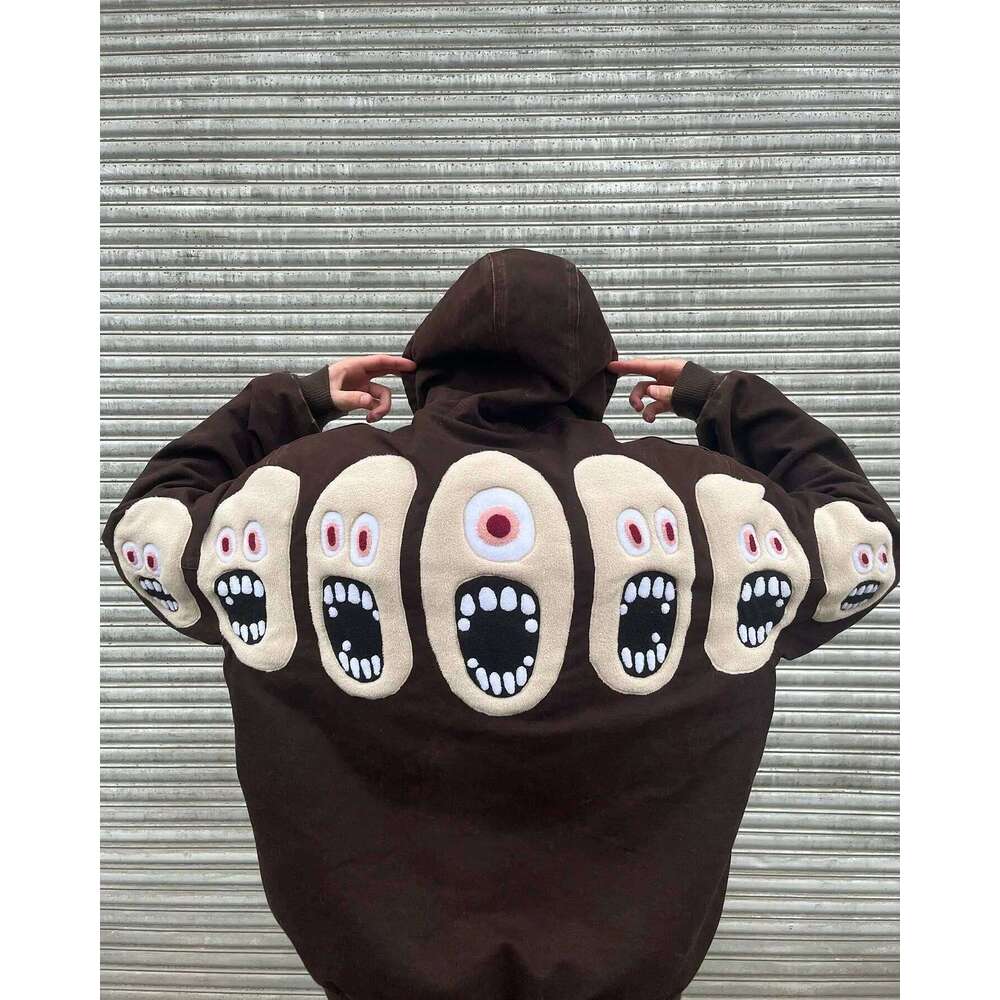 Y2k Hip Hop Funny Personality Pattern Embroidery Hoodie Oversized Loose Cartoon Knit Hoodies Men Street Sweatshirt Pullover