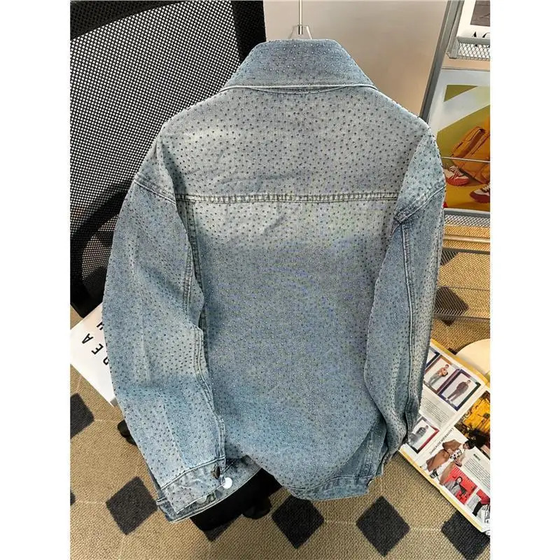Mens American-style Heavy-duty Rhinestone Denim Jackets Loose and Casual Single-breasted Couple Jackets for Spring and Autumn. 250811