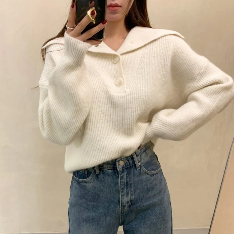 Fashion Turn Down Collar Knitted Sweaters Women Korean Buttons Loose Pullovers Autumn Winter Solid Color Streetwear Jumper Tops 250808