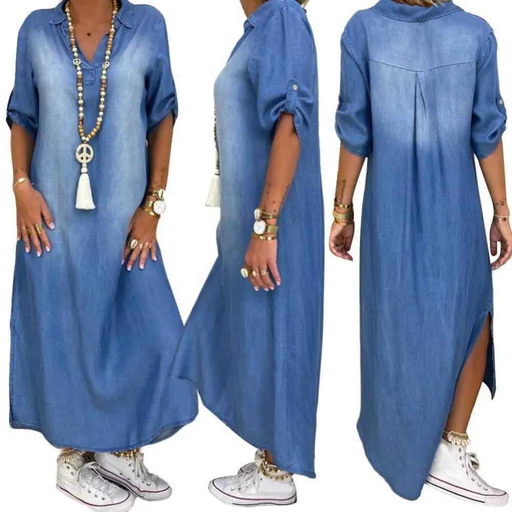 Women Plus Size Dress Vintage Summer V Neck Half Sleeve Side Slitting Hem Loose Long Denim Dress XJ250814