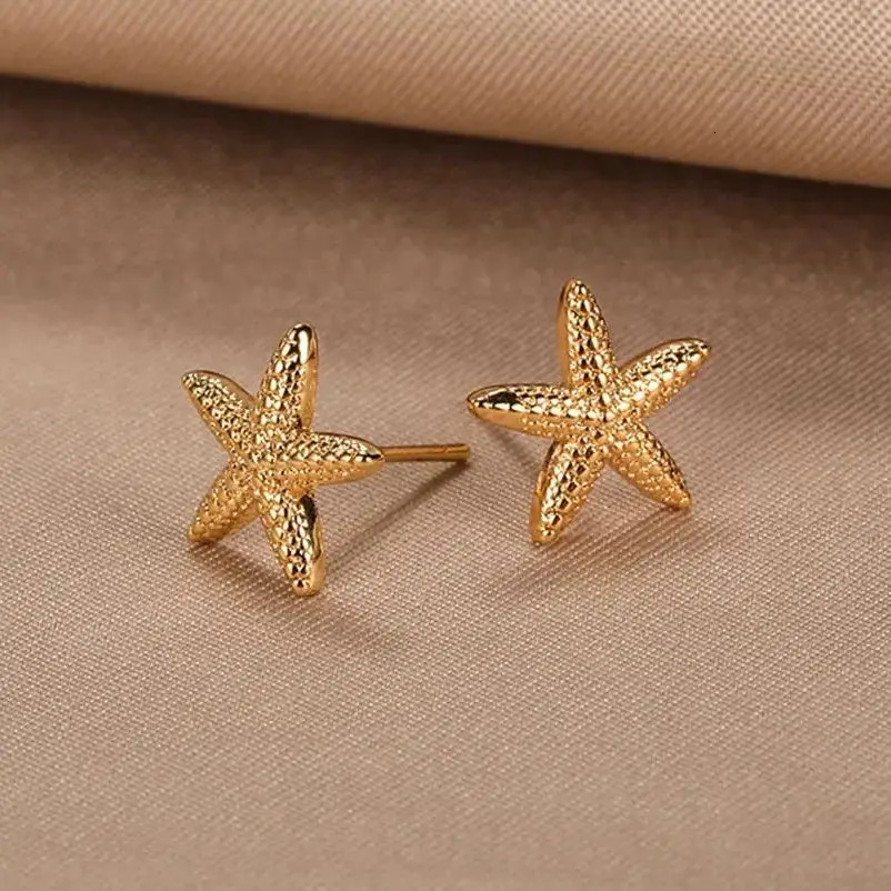 Stainless Steel Starfish Shell Stud Earrings for Women Minimalist Gold Color Aesthetic Wedding Earring Summer Beach Jewelry Gift 250812