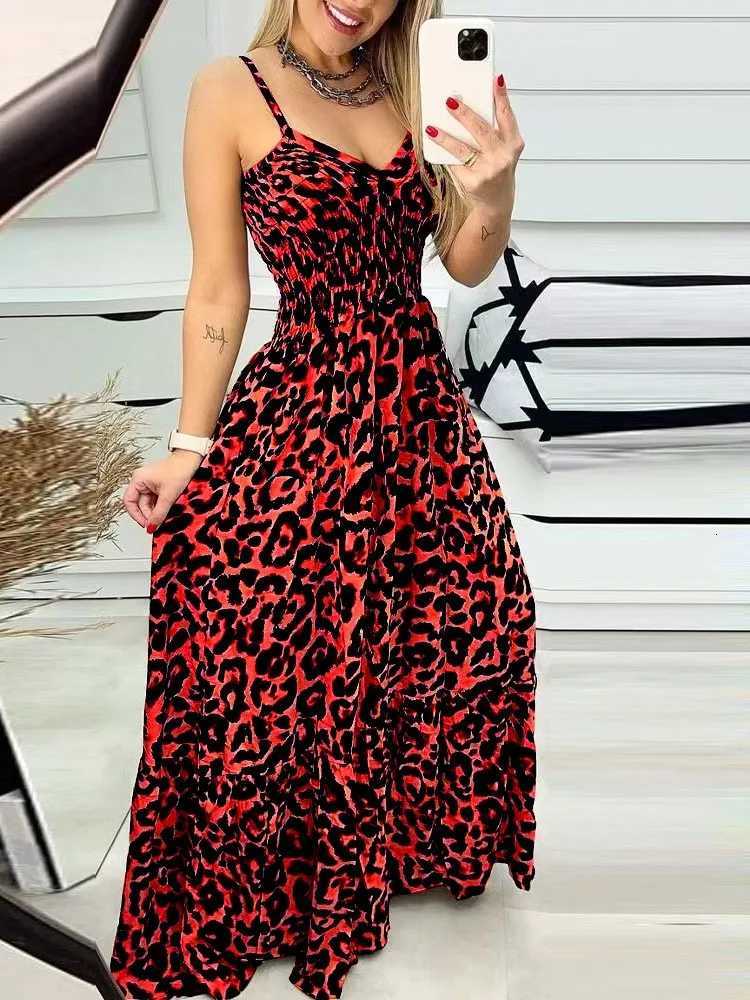 2025 Summer Sexy V-neck Paghetti Strap Long Dress Leopard Print Womens Fashion Ele Fe New Party Dress XJ250814