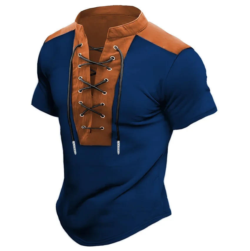 2025 Europe and the United States mens summer short-sleeved round neck T-shirt drawstring decorative POLO shirt top 250813