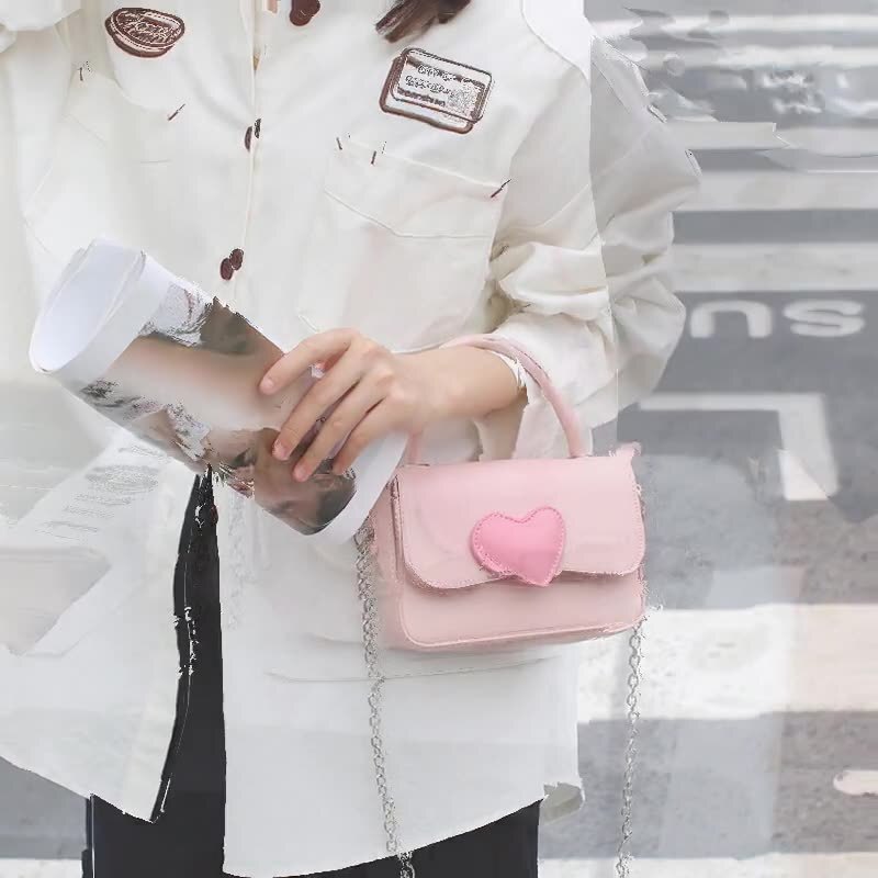 New Pink Heart Color-Block Small Square Fashion High-End Handbag Fresh Simple Versatile Chain Bag