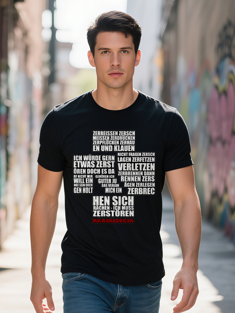 T Shirt with Bold Red White Letter Print Black Round Neck Summer Tee Regular Fit Top Casual Attire Ideal Men's