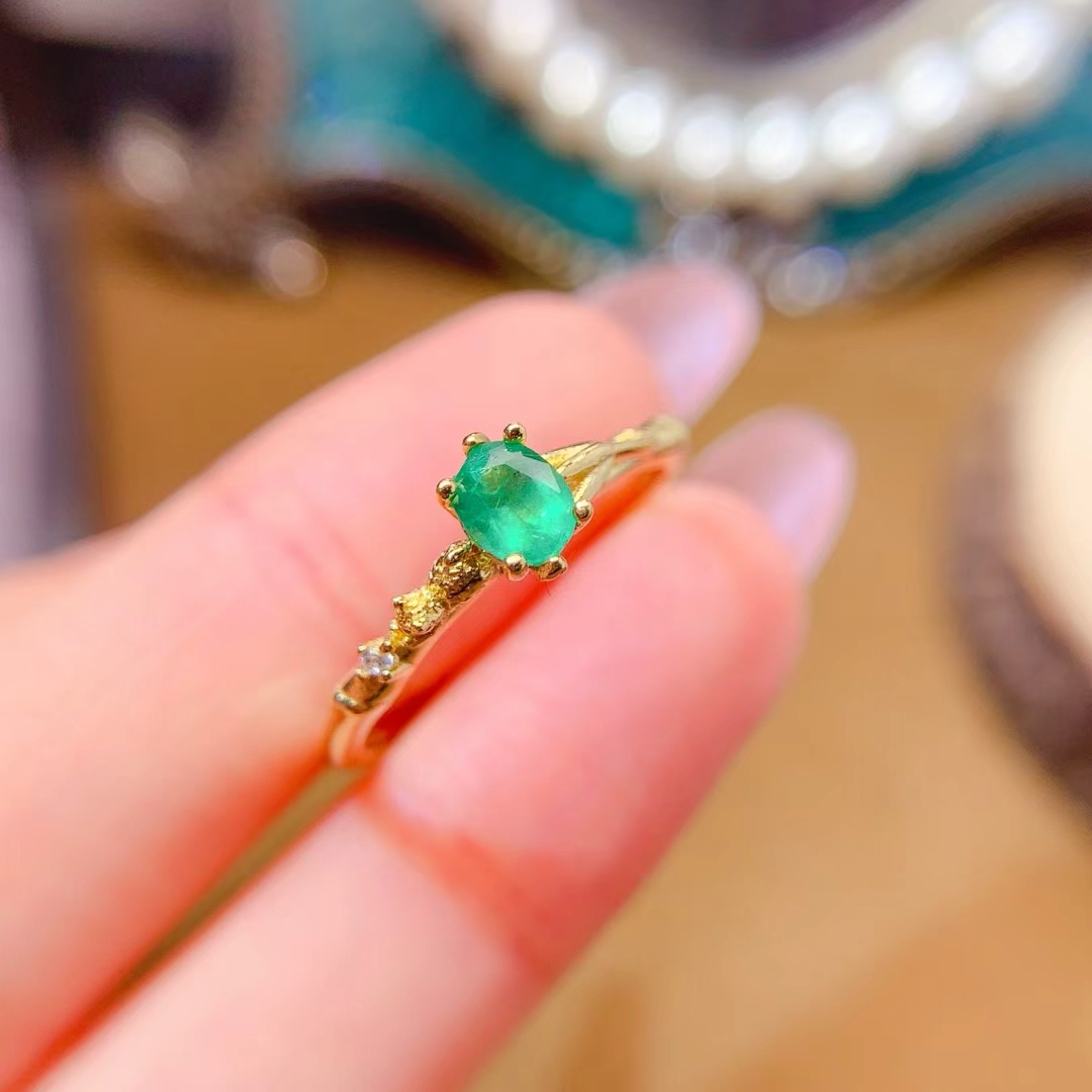 Pure 925 silver emerald ring 4mm*5mm 0.3ct natural emerald jewelry 18K gold plated silver green gemstone ring