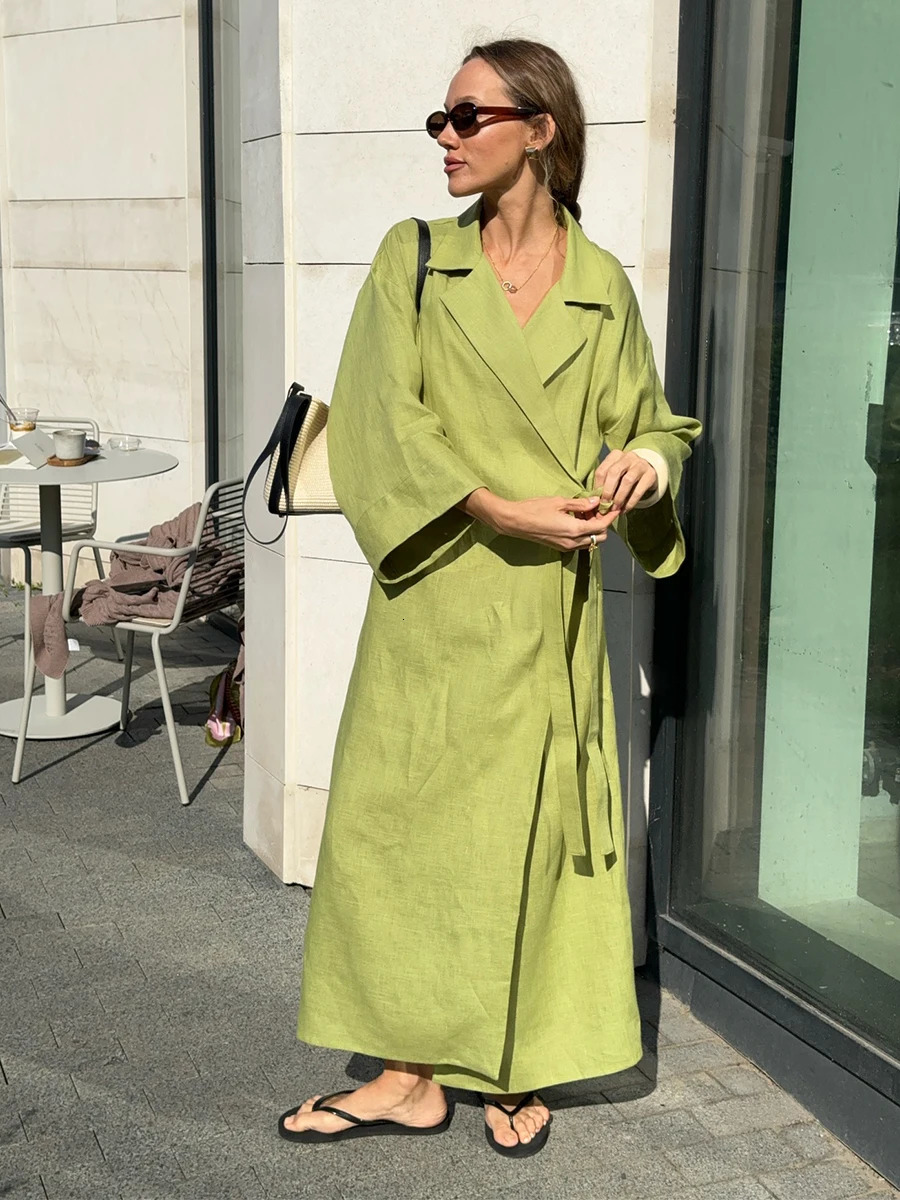 Muzuleva Summer Womens Stylish Red Linen Wrap Maxi Dress Lapel Kimono Sleeve Belted Long Robe Elegant Chic Dress 250813
