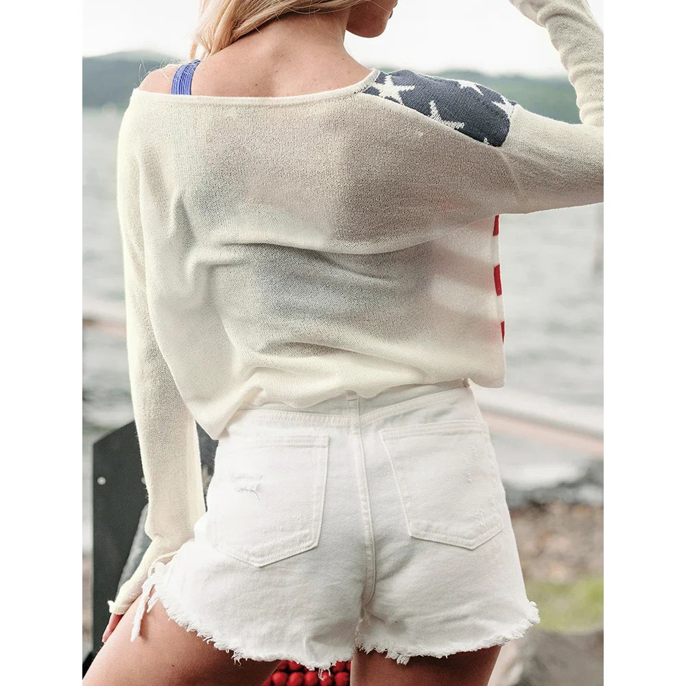 CPSYMYM Womens Sweater Autumn Fashion Fitting Slim American Flag Long Sleeve One-Shoulder Streetwear Sweater 250808