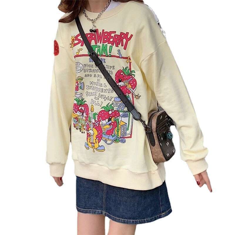 New Style Long Sleeve Crew Neck Loose Streetwear Big Strawberry Harajuku Girl Sweatshirt