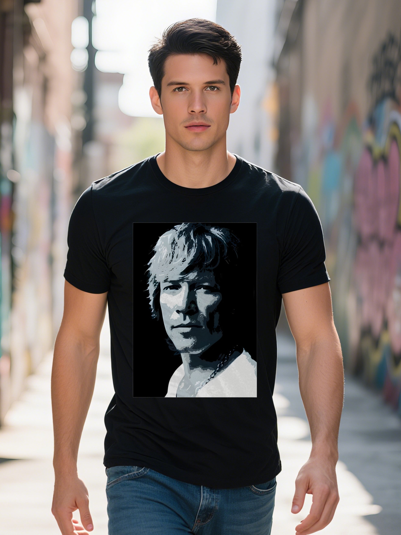 Men s Graphic T Shirt with Portrait Print on Black Background Round Neck Summer Tee Regular Fit Stylish Gift for