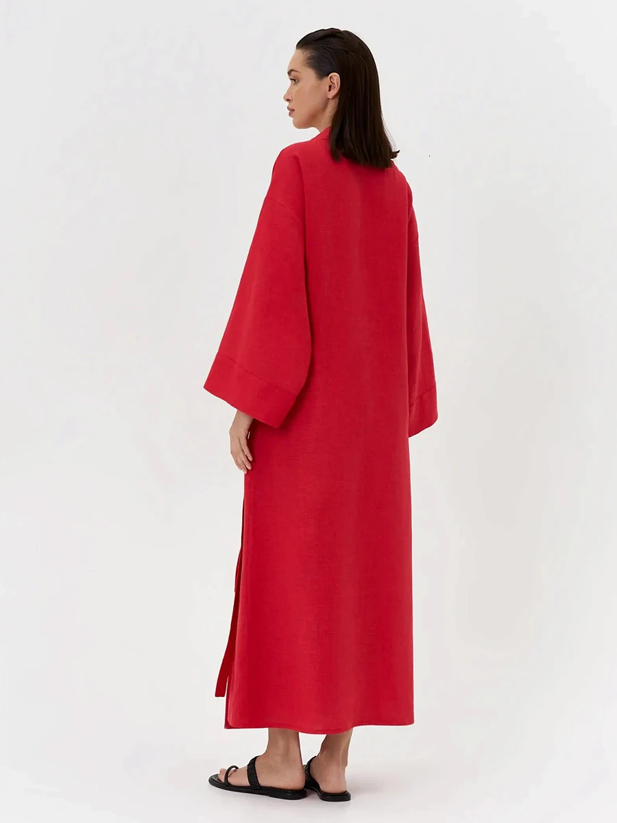 Muzuleva Summer Womens Stylish Red Linen Wrap Maxi Dress Lapel Kimono Sleeve Belted Long Robe Elegant Chic Dress 250813