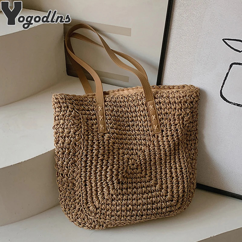 Handmade Woven Straw Beach Bag Large Capacity Shoulder Bag Women Raffia Travel Shopper Summer Vacation Casual Handbags250813
