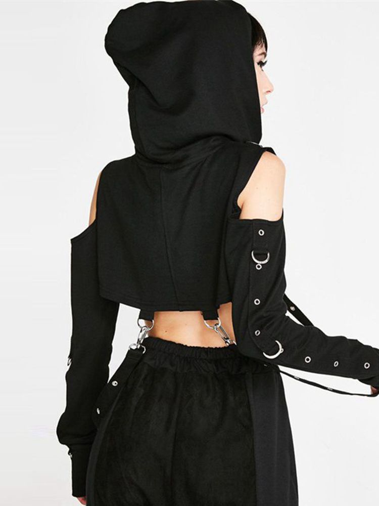 Stage Wear Dark Punk Style Women's Short Hoodie Sweatshirt round Neck Long Sleeve Belly Baring Mesh Fashion Top