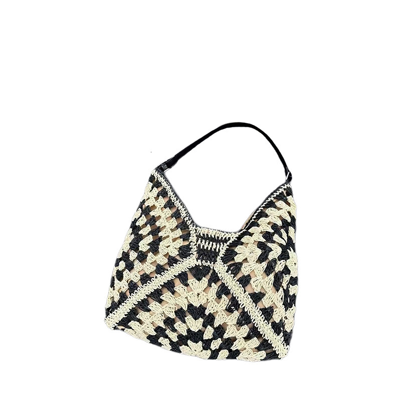 Handmade Straw Hollow Square Flower Large Triangle Color-Block Woven Vacation Beach Single Shoulder Tote Bag for Women