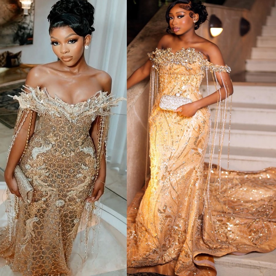 Mermaid Gold Prom Dresses 2025 Crystals Tassels Sequined Lace Evening Formal Party Second Birthday Engagement Gowns Plus Size Dress For Special Occasi