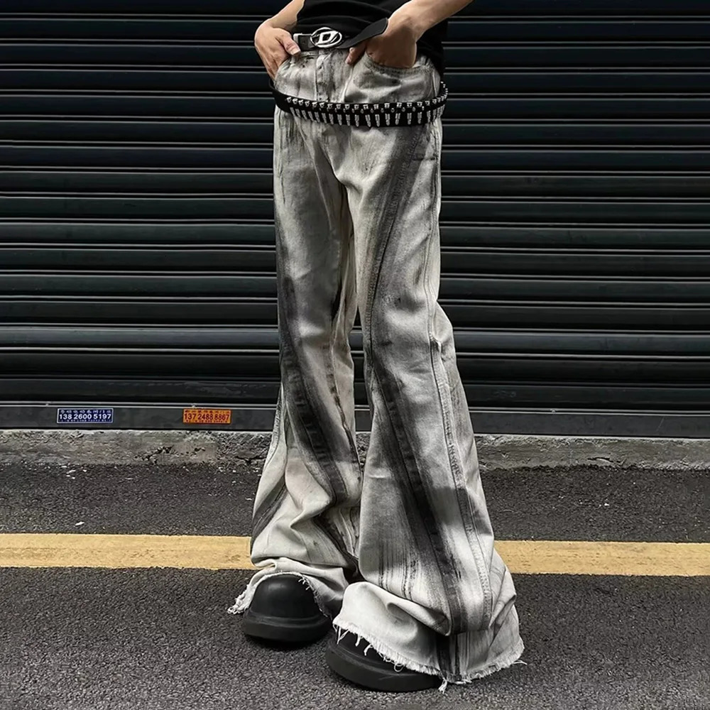 Mens Y2k Harajuku Contrast Color Gradient Flared Denim Trousers Retro Fashion Casual Trend High Street Hip Hop Mens Bottoms 250813