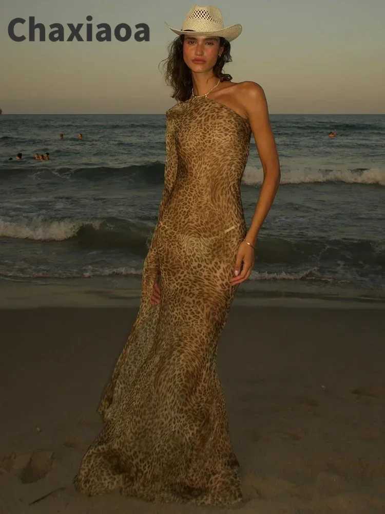 1 Shoulder Leopard Print Maxi Dress Women Inclined Shoulder Backless Beach Holiday Vacation Club Sexy Long Dress XJ250814