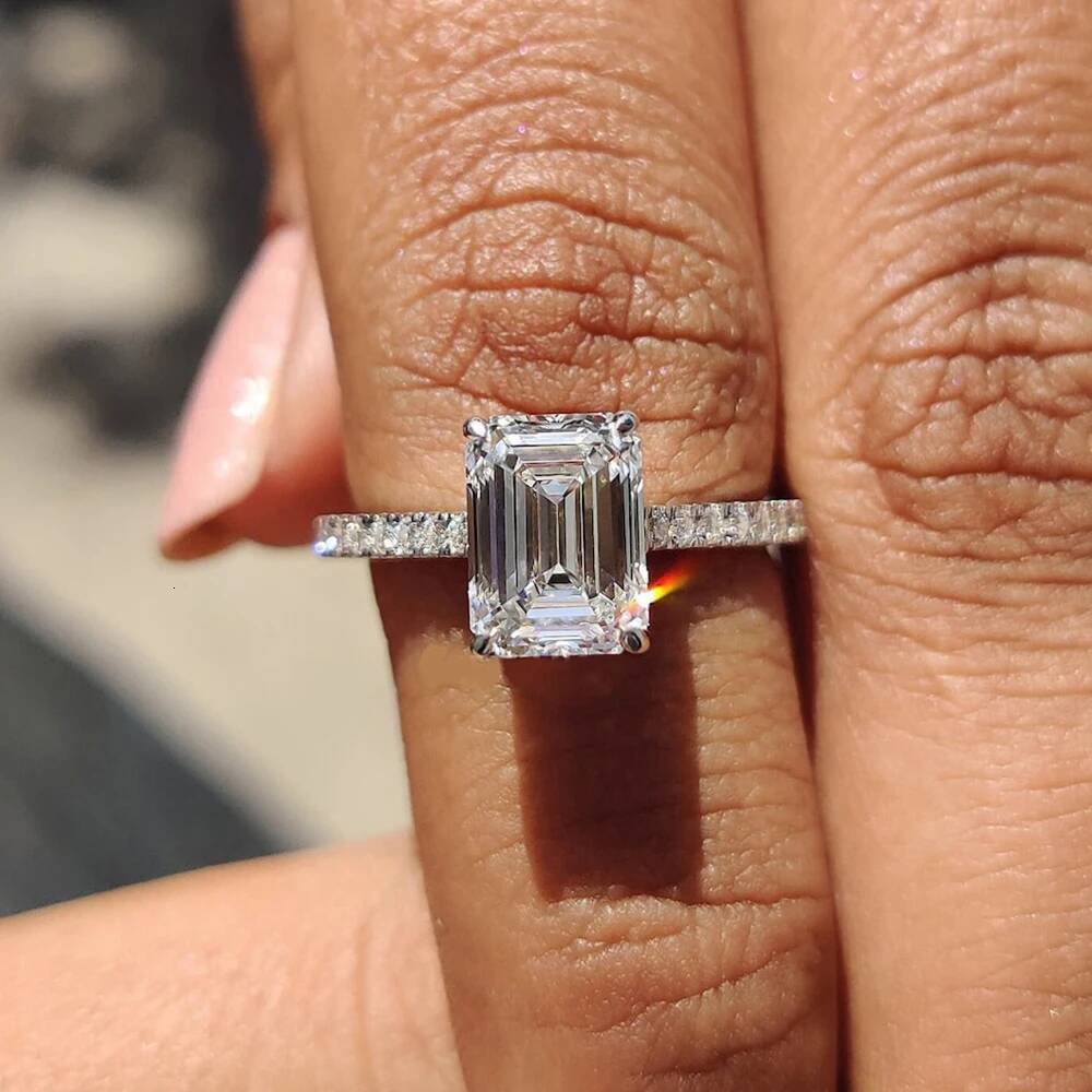 1/2/3/4carat Emerald Cut Full Moissanite Engagement Ring Hidden Halo Diamond Ring with GRA 925 Silver Wedding Band for Women