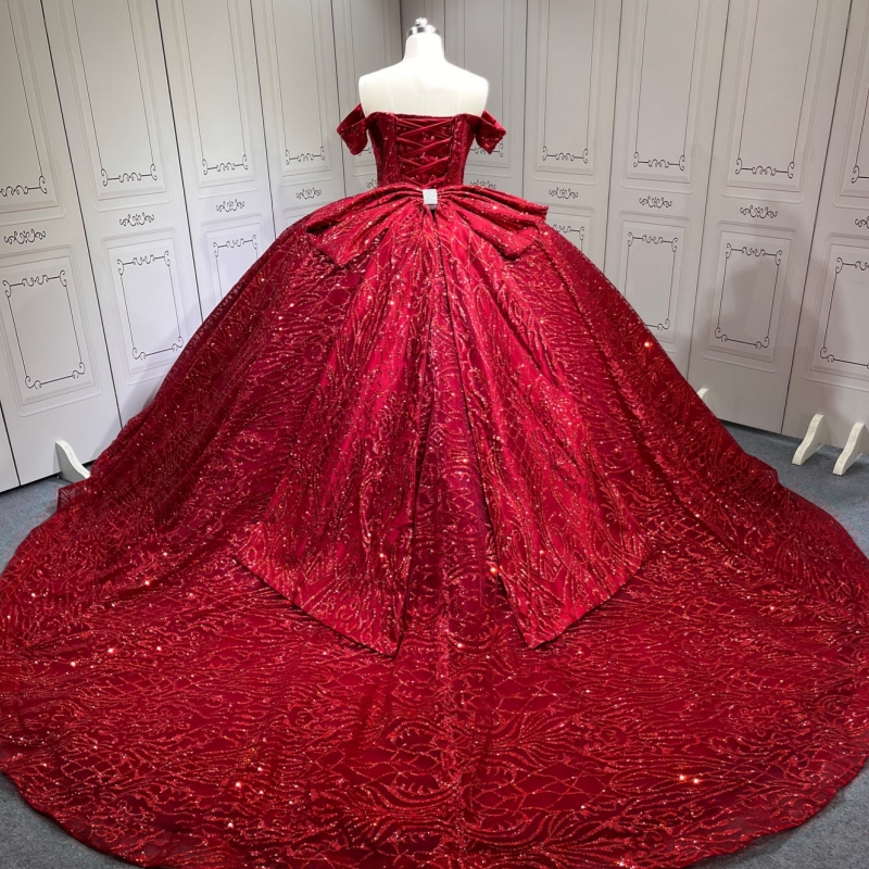 Red Shiny Quinceanera Dresses Off The Shoulder Sequin Applique Lace Beads Bow Tull Party Birthday Ball Gown Vestidos De 15 Anos Sweet 16 Dress