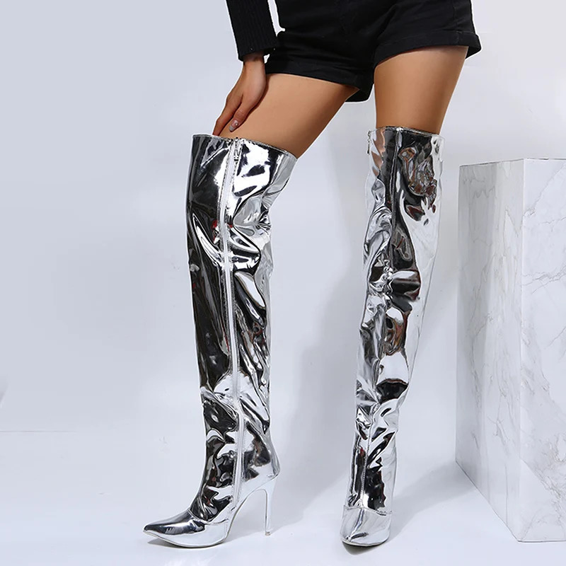 Elastic Sexy Mirror Glossy Female Long Boots Street Celebrity Banquet Runway Show Nightclub High Heel Slim Heel Womens Shoes 250812