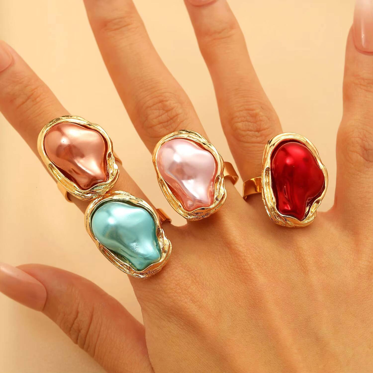 Irregular Alloy Baroque Inlaid Colorful Pearl Cross-Border Fashion Jewelry Ring