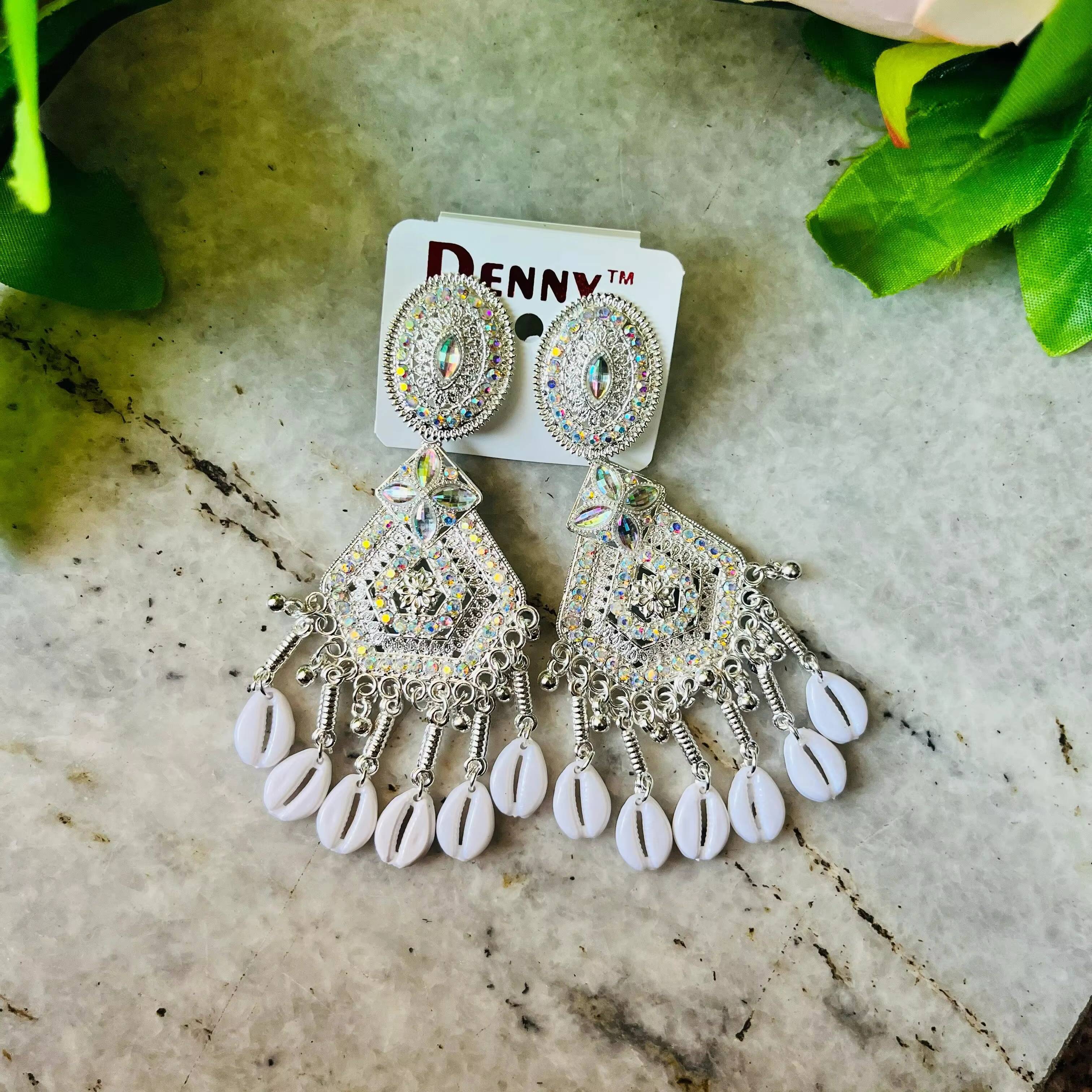 Emerald White Sier Chandbali Indian Fashion Earrings Long Tassel Oxidized Two-tone Tribal Style India