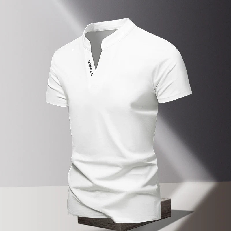 V-neck pure cotton short sleeved mens T-shirt mens sports and leisure T-shirt trendy and simple solid color base shirt 250813